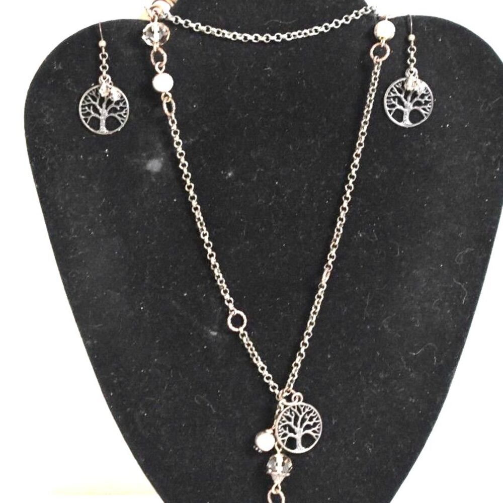 Enchanting Tree Of Life Beaded Brass Tone Dangle Earrings & 32" Stylish Necklace